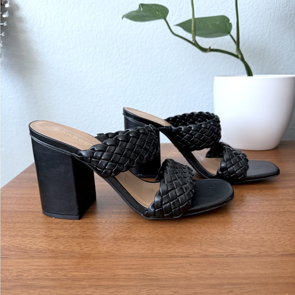 Bamboo Black Woven Braided Square Toe Block Heels Sandals Size 8.5 Vegan Leather - Picture 4 of 9